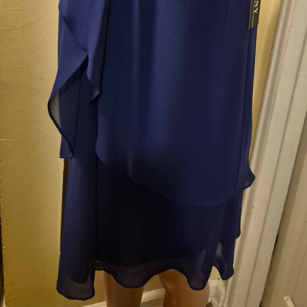 SLNY Women' Elegant Chiffon Layered Sleeveless Mini Iris-Blue Dress Size 12 - Picture 6 of 13